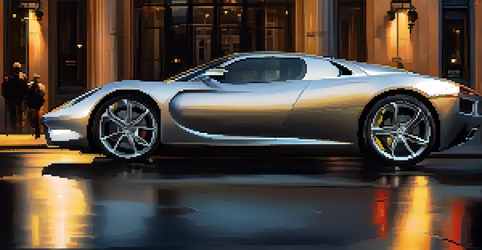 A luxury sports car illuminated by dramatic side lighting, showcasing its sleek design against a blurred city background.