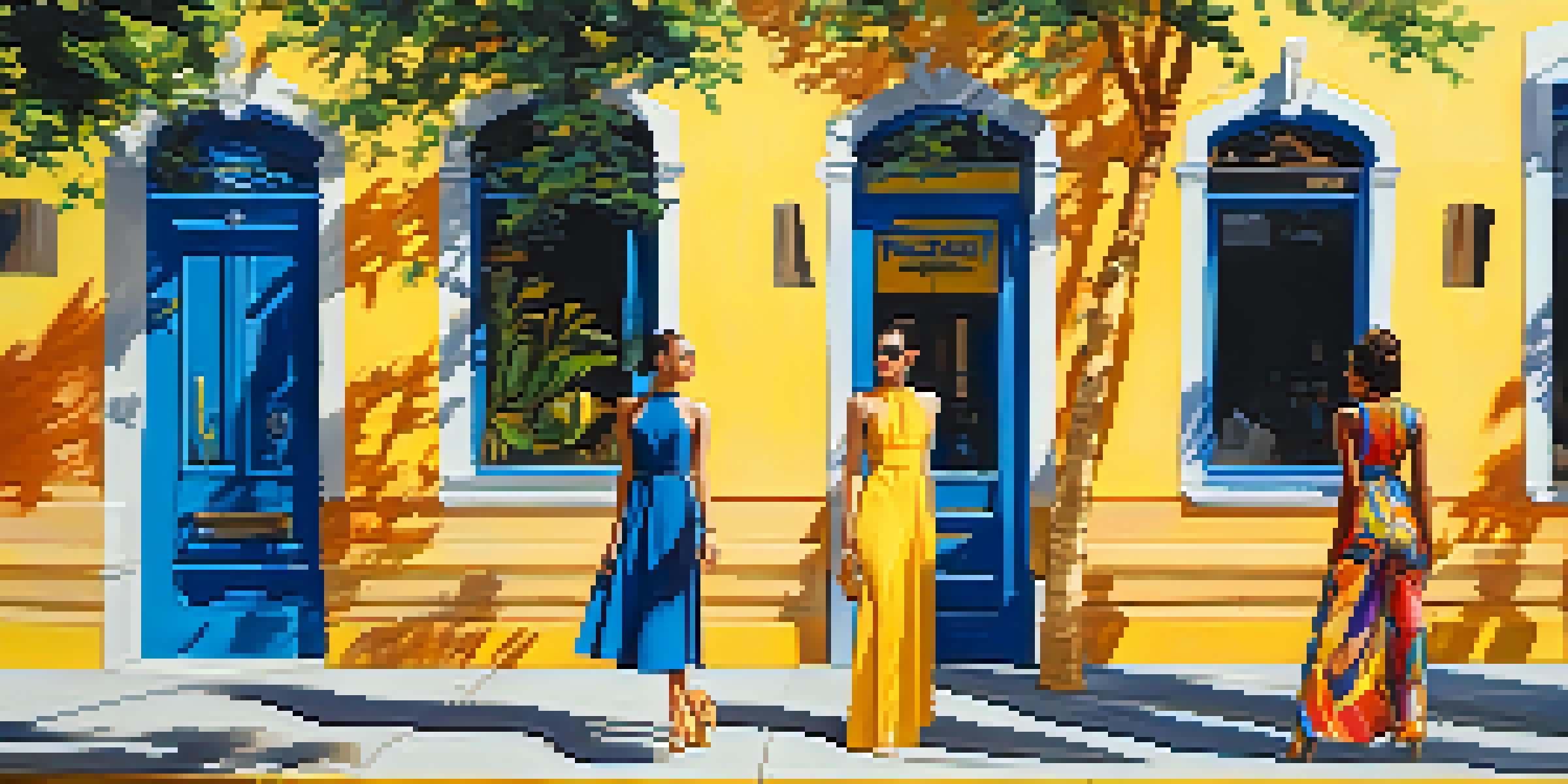 A group of diverse models wearing colorful and patterned outfits, standing on a lively city street with murals in the background, illuminated by soft sunlight.