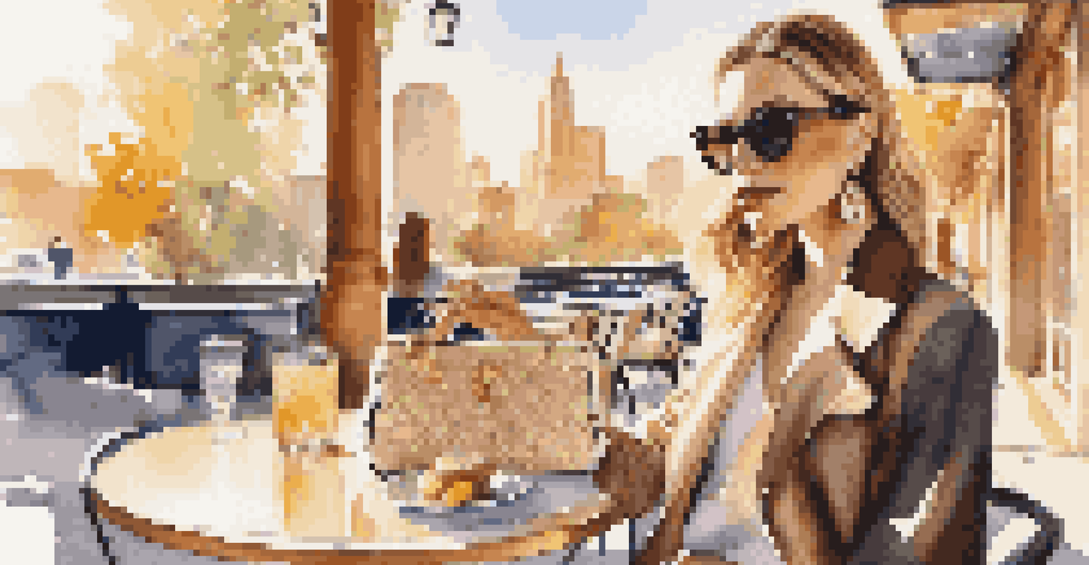 A fashion influencer at an outdoor café, showcasing a designer handbag with a vibrant cityscape in the background.
