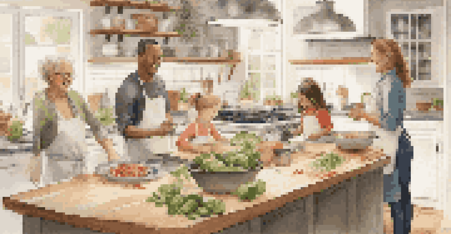 A family participating in a cooking class, learning to prepare dietary-friendly recipes in a bright kitchen.