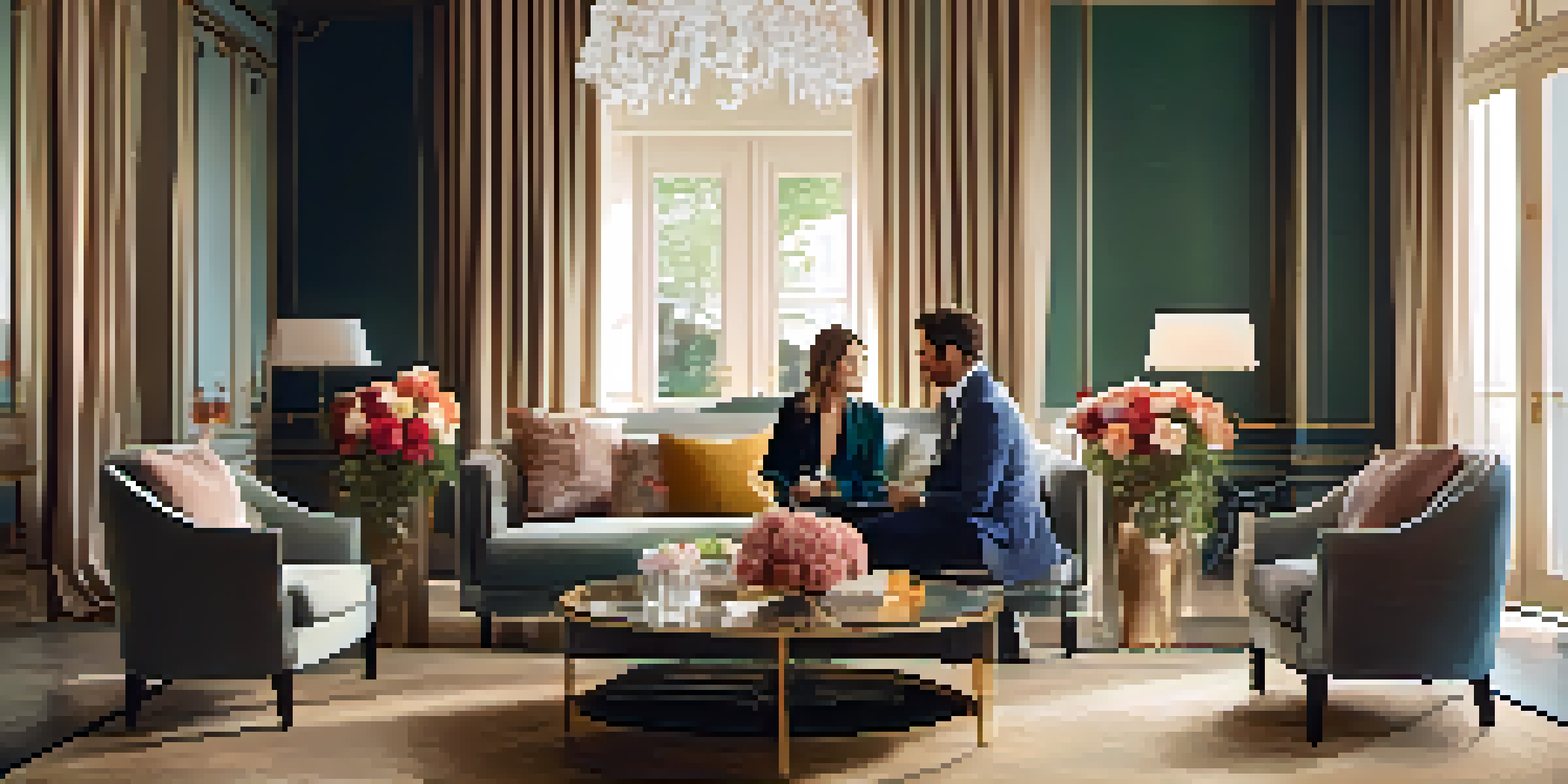 A couple discussing their relationship with a coach in a beautifully decorated room with soft lighting and elegant furnishings.
