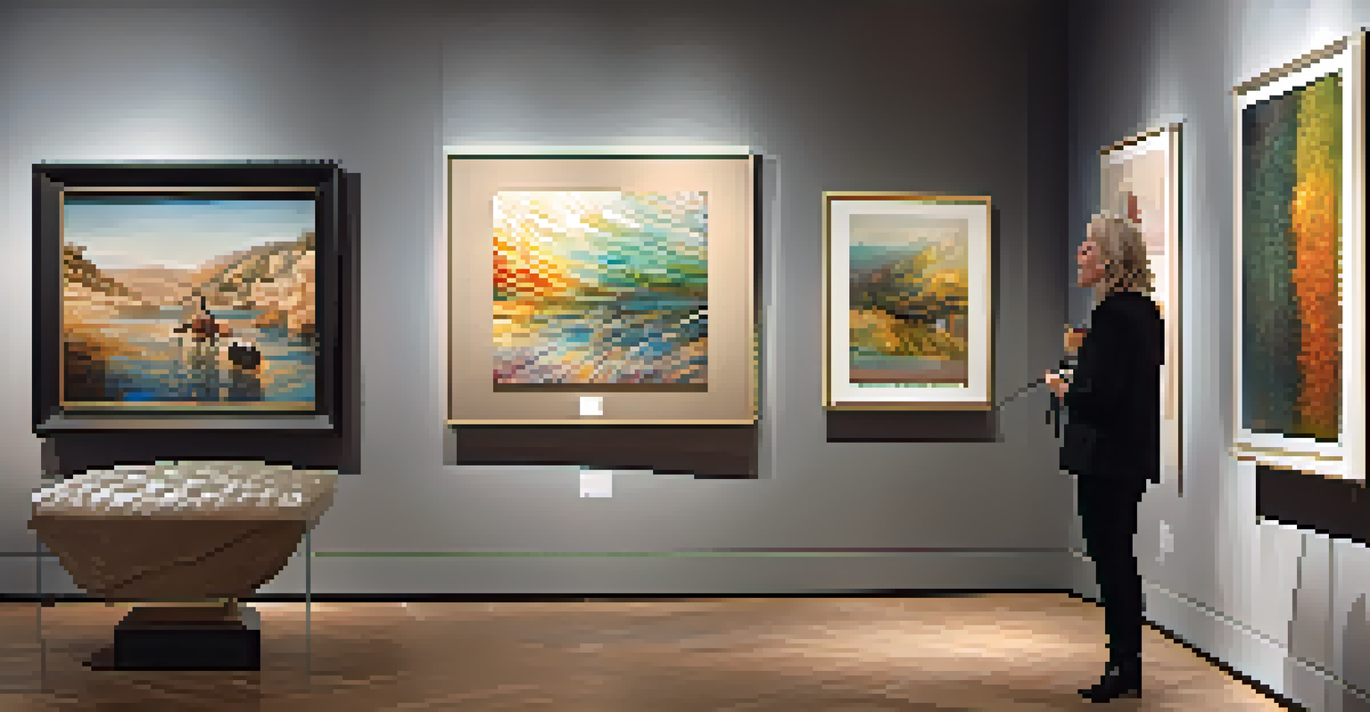 An artist engaging with a collector, sharing insights about their artwork in a warm-lit art fair setting.