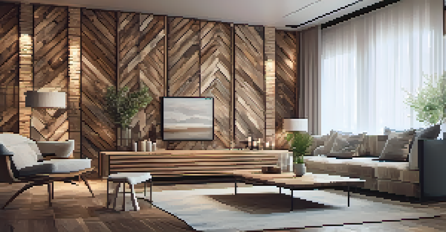 A cozy living room with reclaimed wood textured wall panels, elegantly furnished with soft lighting.