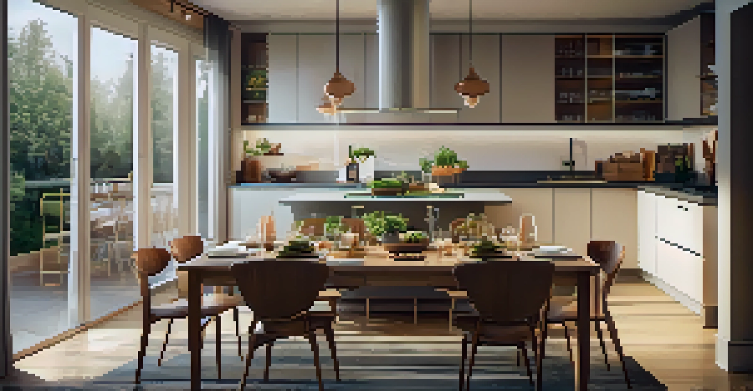 A welcoming dining area next to a smart kitchen, with a set table and warm lighting for a family dinner.