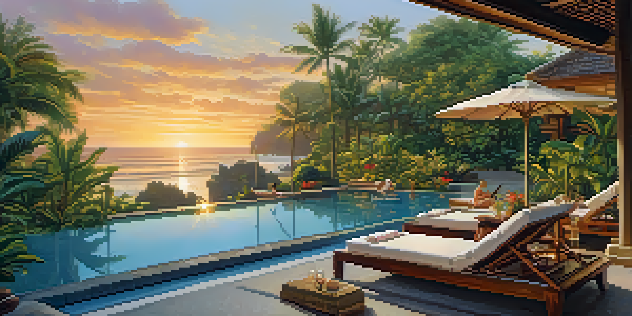 A family of four relaxing by a private pool at a luxury beach resort in Bali, surrounded by tropical gardens and a sunset.