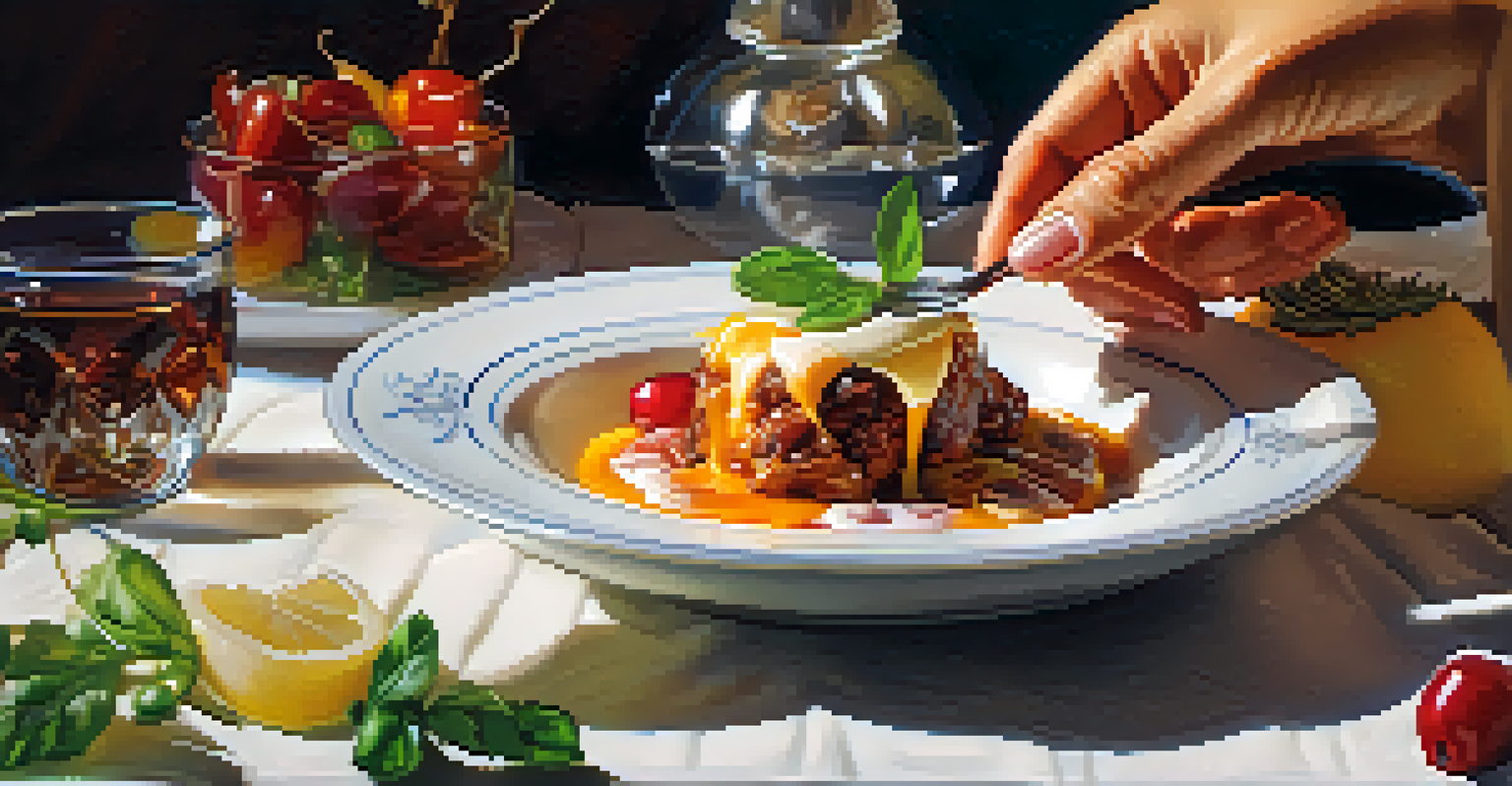 A close-up of a hand enjoying a gourmet dish, showcasing the vibrant colors and textures of the food with a softly blurred background.