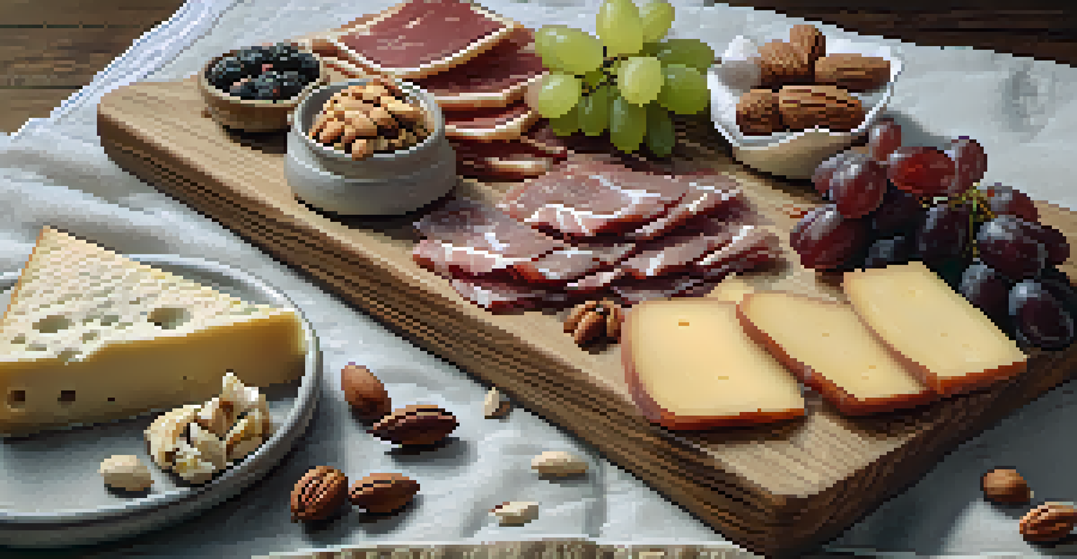 A close-up of a charcuterie board filled with cheeses, meats, fruits, and nuts, set on a rustic table with a glass of red wine.