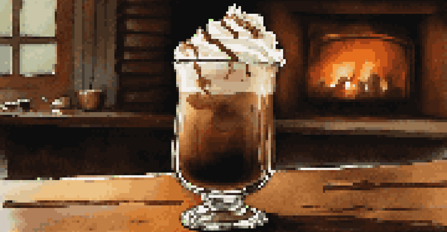 A Nutty Irishman coffee cocktail with whipped cream and chocolate shavings, on a rustic wooden table by a fireplace.