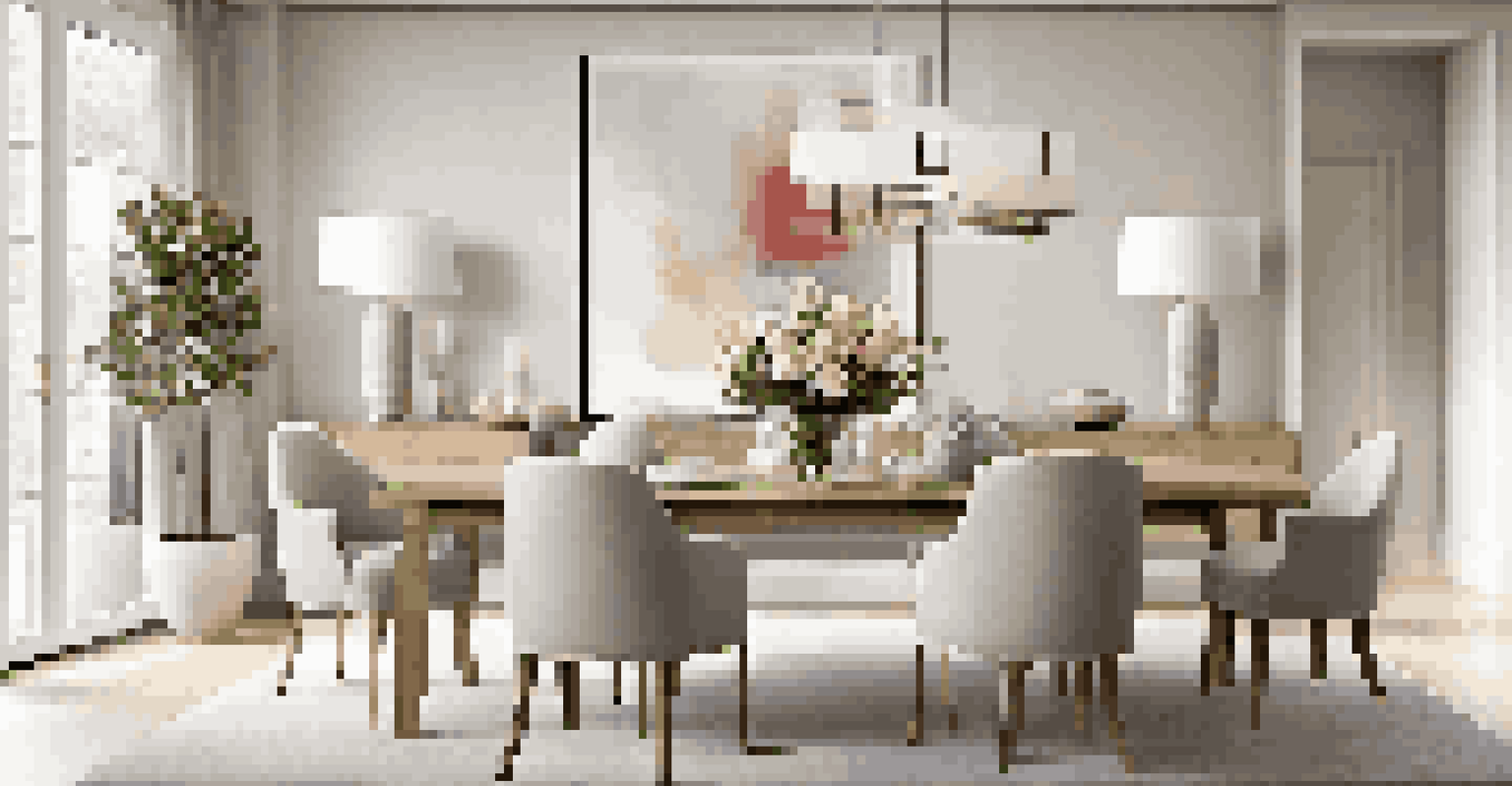 An elegant dining area with an oak dining table, upholstered chairs, and a geometric vase with flowers.