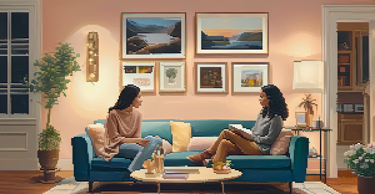 A couple having a conversation in a cozy living room with a vision board in the background.