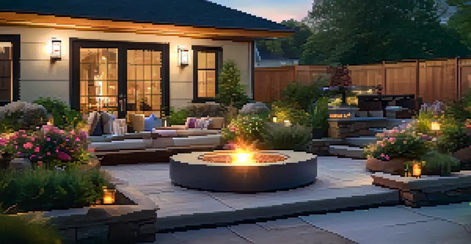 A cozy outdoor patio with color-changing LED lights, a fire pit, and surrounded by vibrant flowers under twilight.