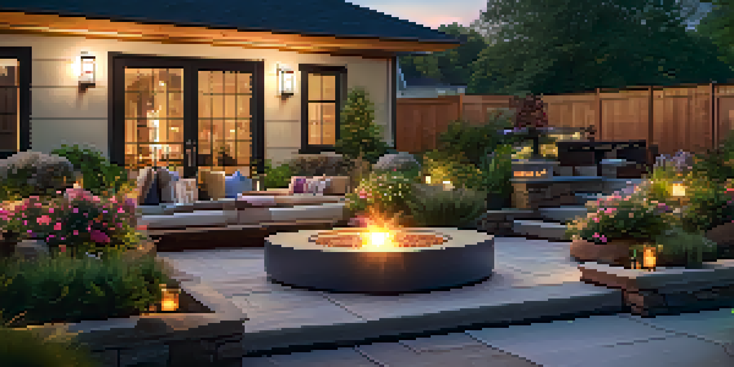 A cozy outdoor patio with color-changing LED lights, a fire pit, and surrounded by vibrant flowers under twilight.