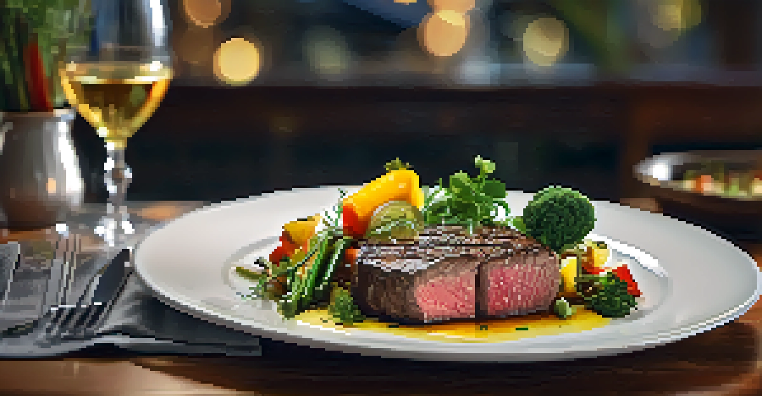 A gourmet plate featuring a grass-fed steak garnished with seasonal vegetables in a cozy restaurant setting.