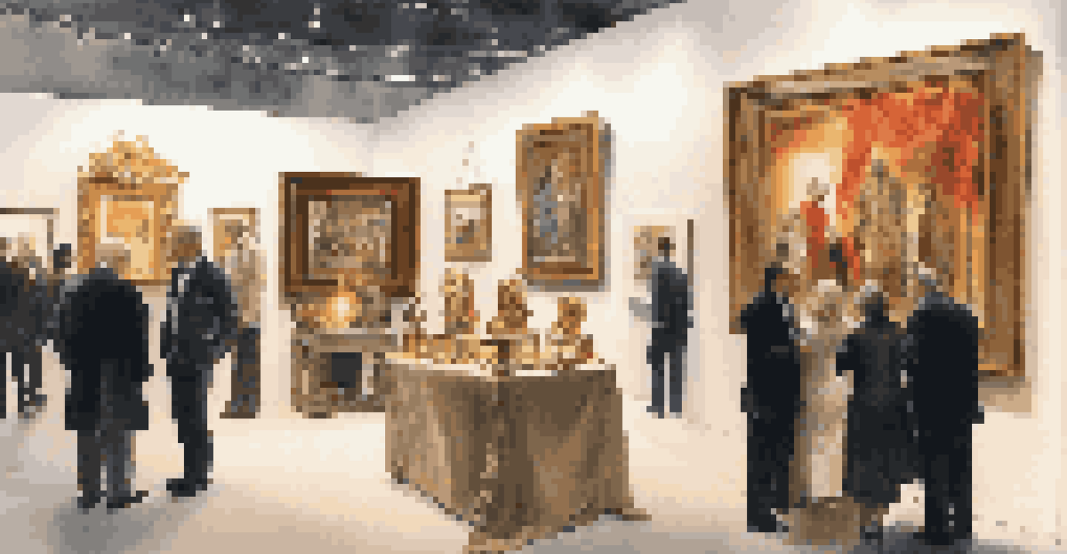 An elegant art booth at a luxury fair displaying vibrant paintings and sculptures under soft lighting, with attendees admiring the artworks.