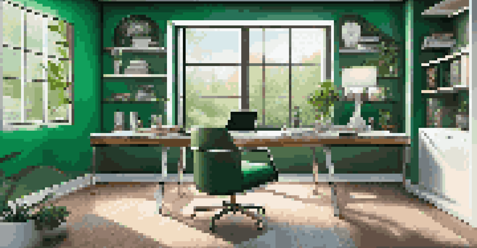 A modern home office with a sleek custom desk and an ergonomic emerald green chair, illuminated by natural light overlooking a garden.