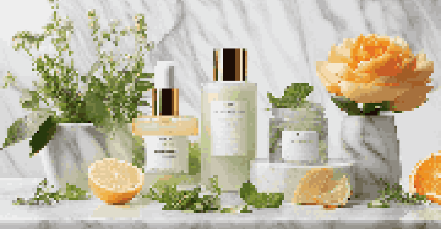 An elegant arrangement of luxury organic skincare products on a marble countertop, surrounded by fresh herbs and flowers.