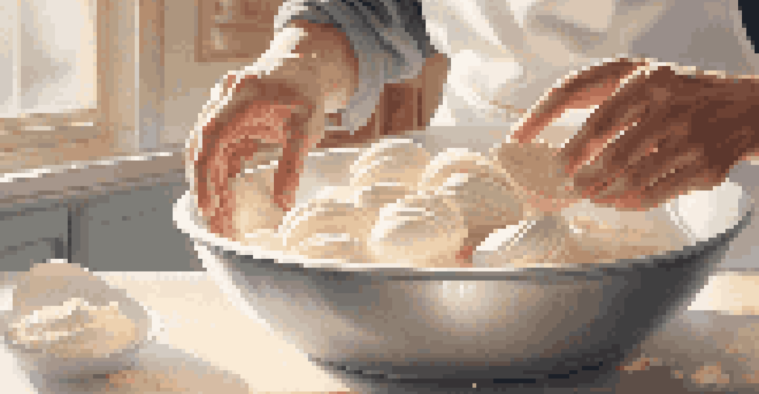 A baker folding meringue into macaron batter in a glass bowl, with ingredients scattered on the countertop.
