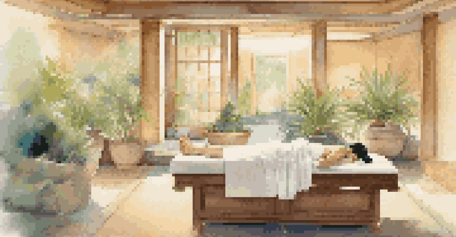 A serene spa room with soft lighting, floral arrangements, and a guest receiving a massage in a calming atmosphere.