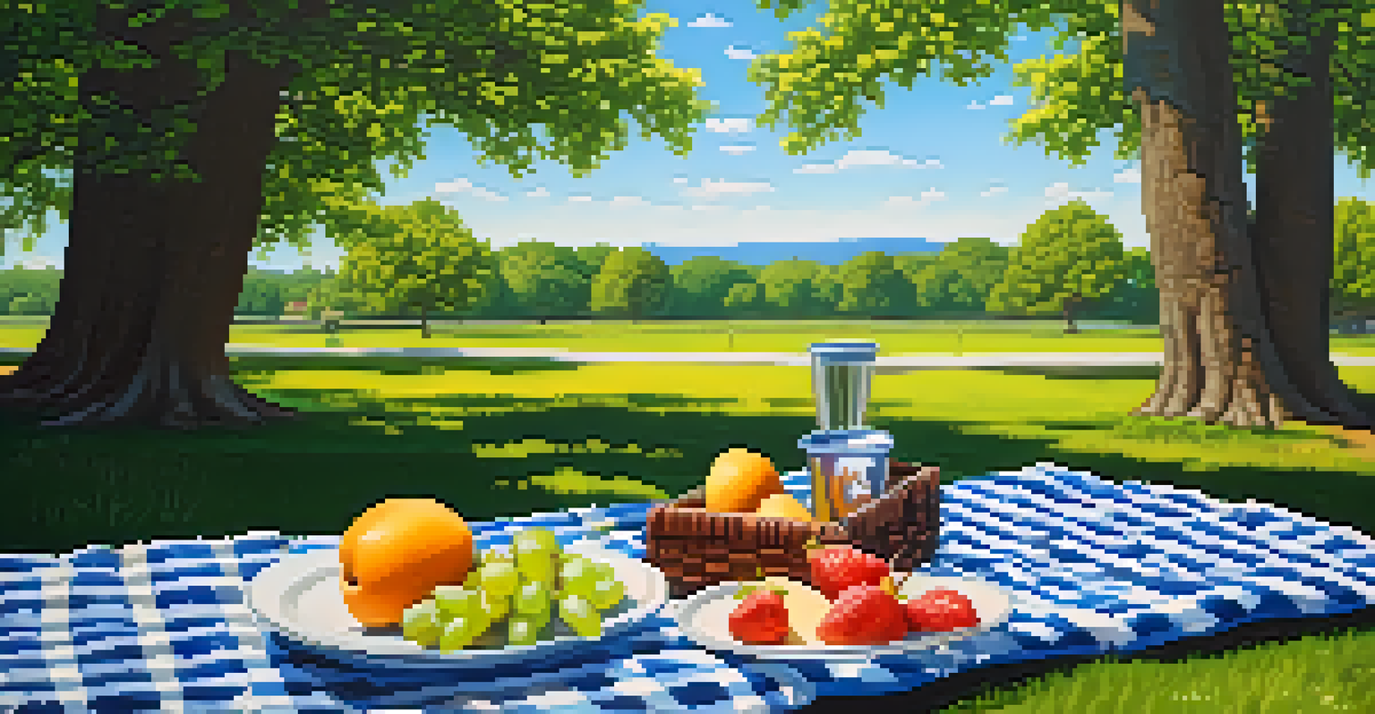 An outdoor picnic set in a park with a blanket, food, and vibrant nature around.