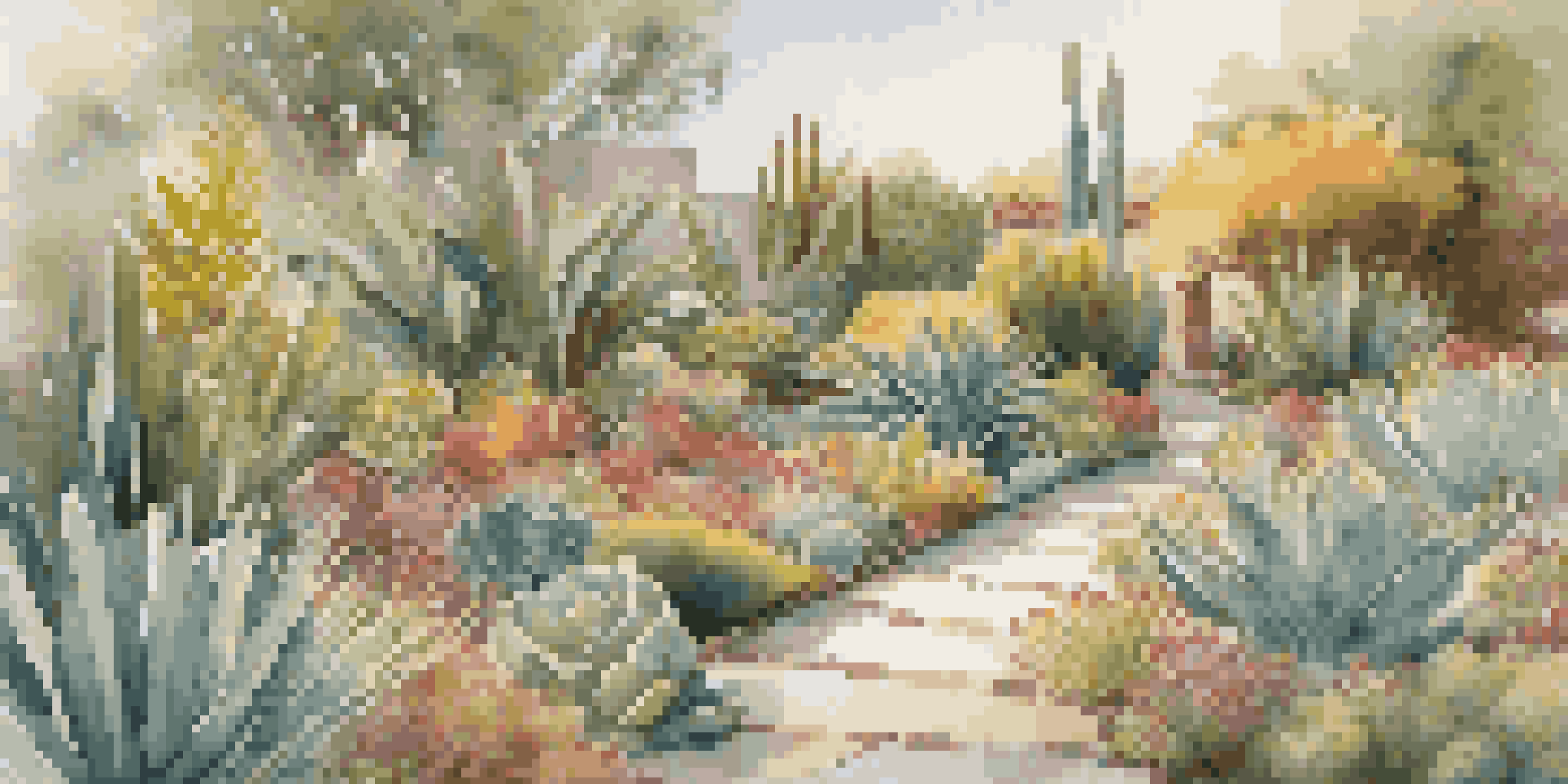 A colorful garden featuring various drought-resistant plants, including succulents and ornamental grasses, with a stone pathway and seating area bathed in morning light.