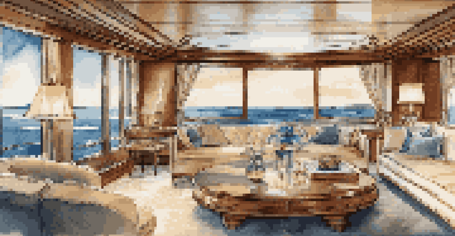 An elegant living room on a luxury yacht, with plush furniture and large windows showing ocean views.