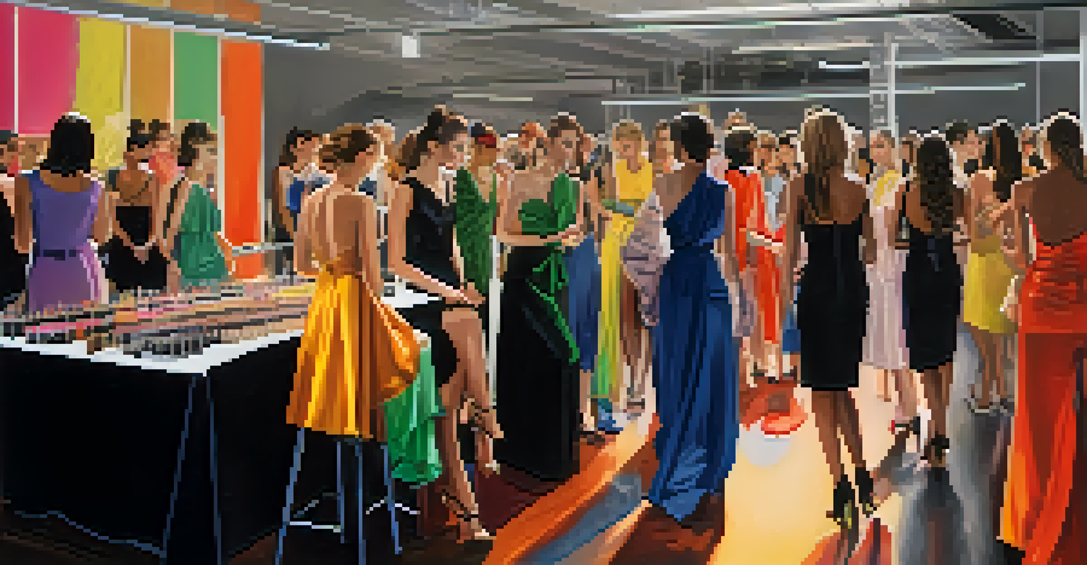 Backstage of a fashion show with makeup artists, stylists, and colorful fabrics, creating a dynamic atmosphere.