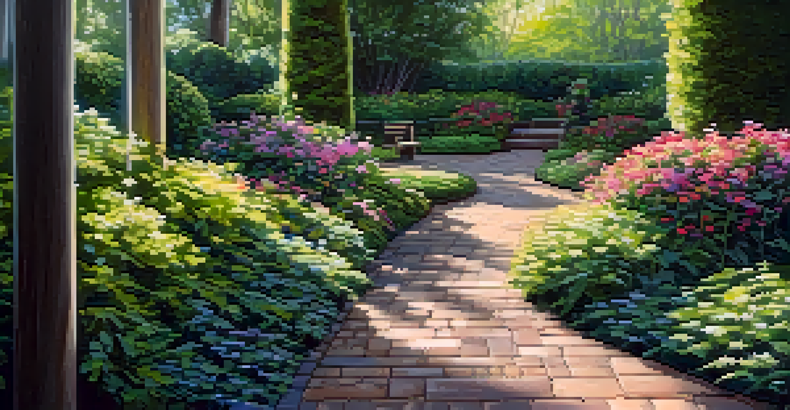 A garden path of rustic pavers surrounded by colorful flowers and trees, with a bench for sitting.