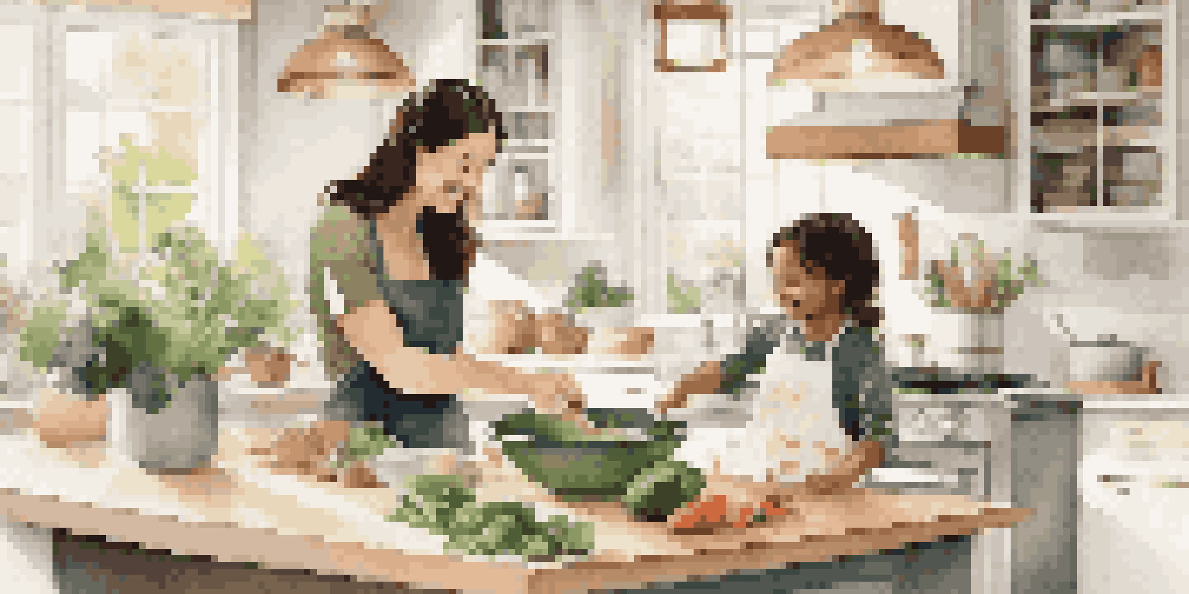 A mother and child cooking together in a stylish kitchen, surrounded by organic ingredients.