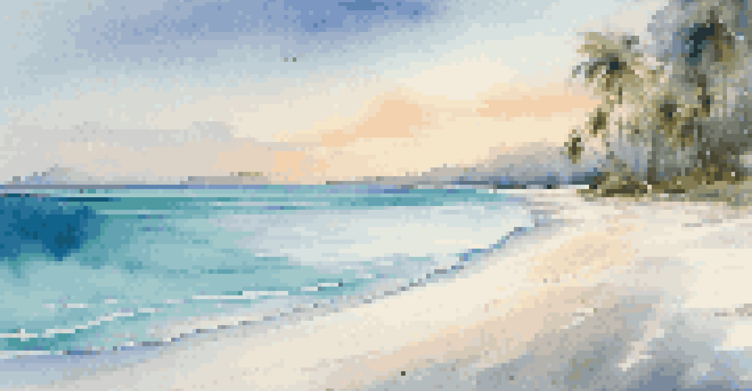 A tranquil tropical beach at dawn with soft light, white sands, and clear waters surrounded by palm trees.