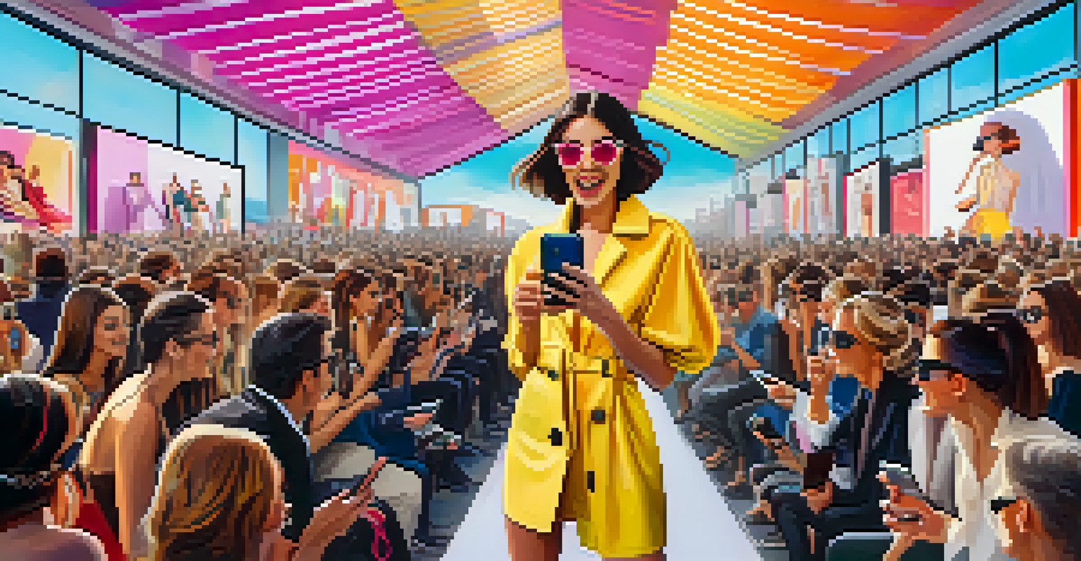 A fashion influencer taking photos at a fashion week, wearing a chic outfit with a vibrant and lively background.