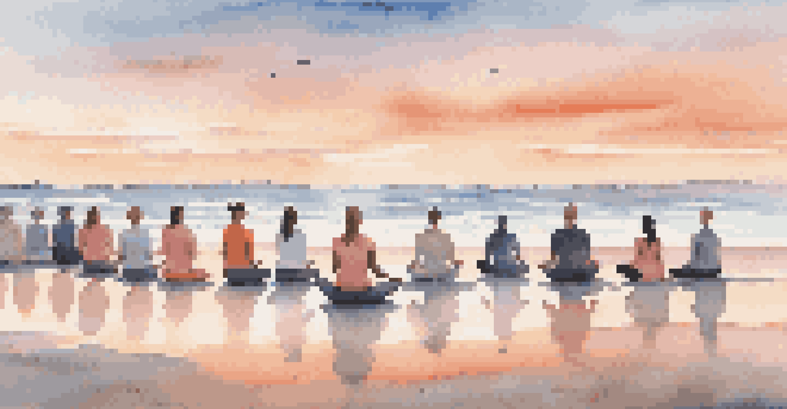 A group practicing yoga on a sandy beach at sunrise, with colorful sky and calm ocean waves in the background.