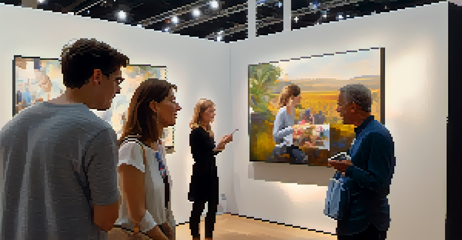 A collector thoughtfully examining a contemporary painting at an art fair.
