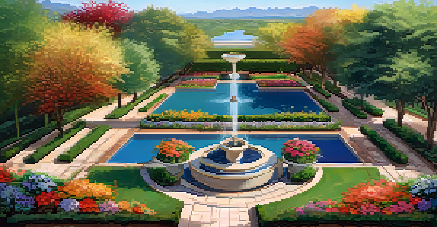 Aerial view of a luxury garden with a drip irrigation system, healthy moist soil, colorful flowers, and clear blue sky.