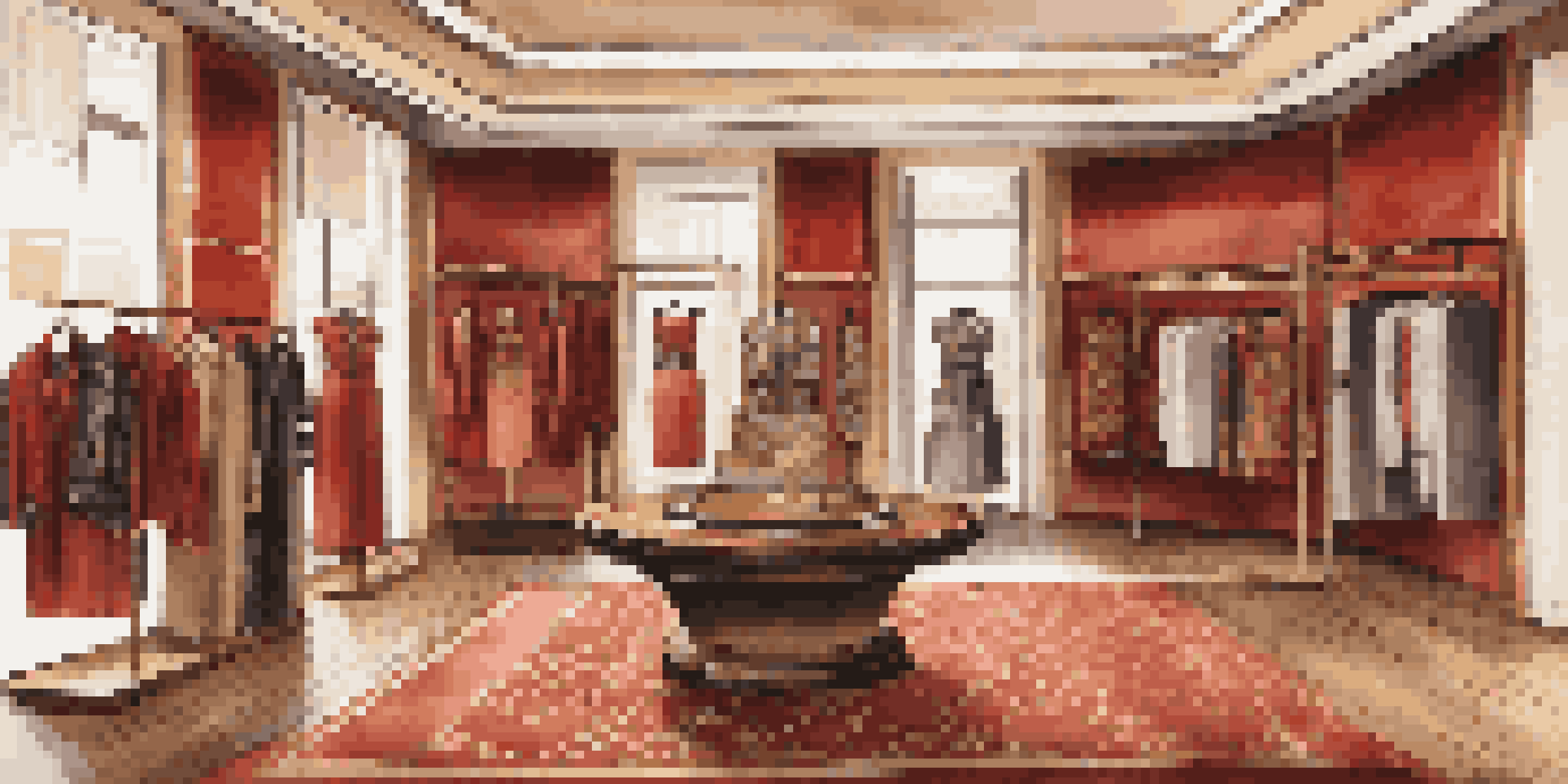 An elegant interior of a luxury fashion boutique featuring clothing with African patterns and Italian craftsmanship, illuminated by soft ambient lighting.
