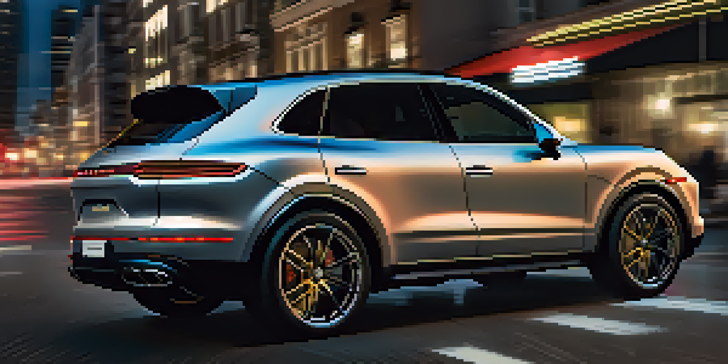 A luxurious Porsche Cayenne Turbo GT SUV parked in an urban area during dusk, with city lights glowing in the background.