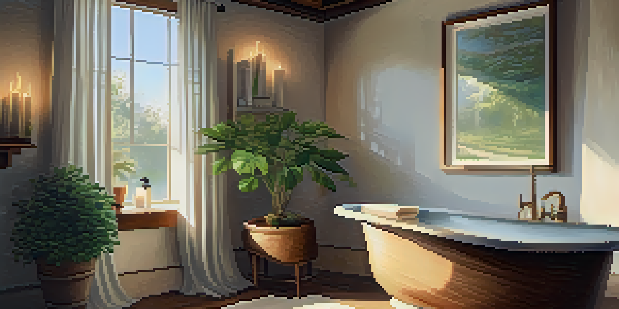A peaceful bathroom with a wooden tub filled with water, candles, and a potted plant, illuminated by soft natural light.