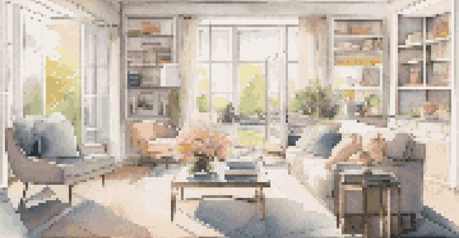 A modern living room bathed in natural light, with plush pastel furnishings and large windows overlooking a private garden.