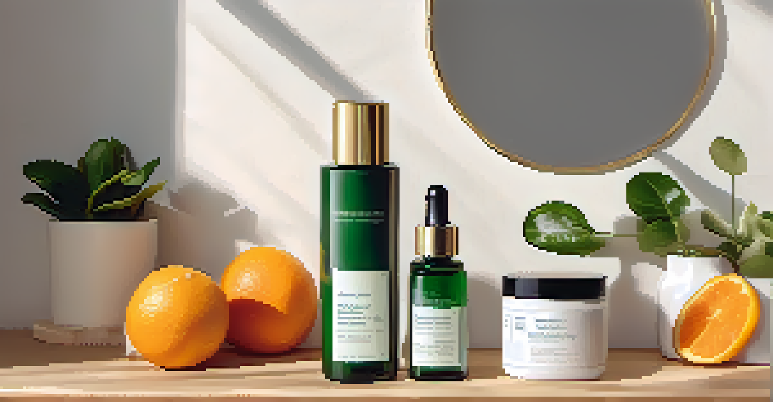 A skincare routine display with various antioxidant-rich products on a wooden vanity, illuminated by natural light and complemented by a potted plant.