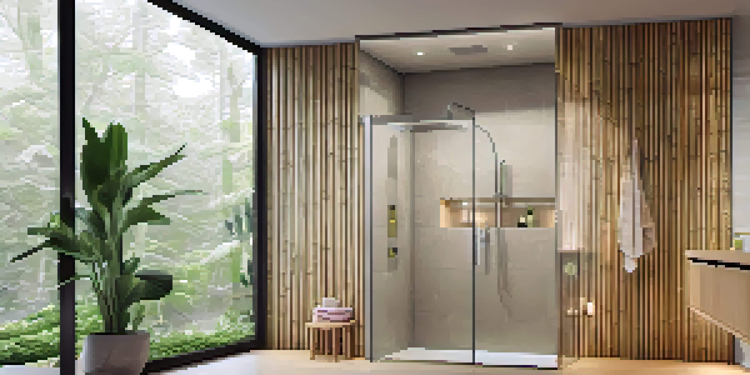 A luxurious bathroom with a modern smart shower, eco-friendly bamboo tiles, and a large smart mirror showing the weather, illuminated by soft natural light.