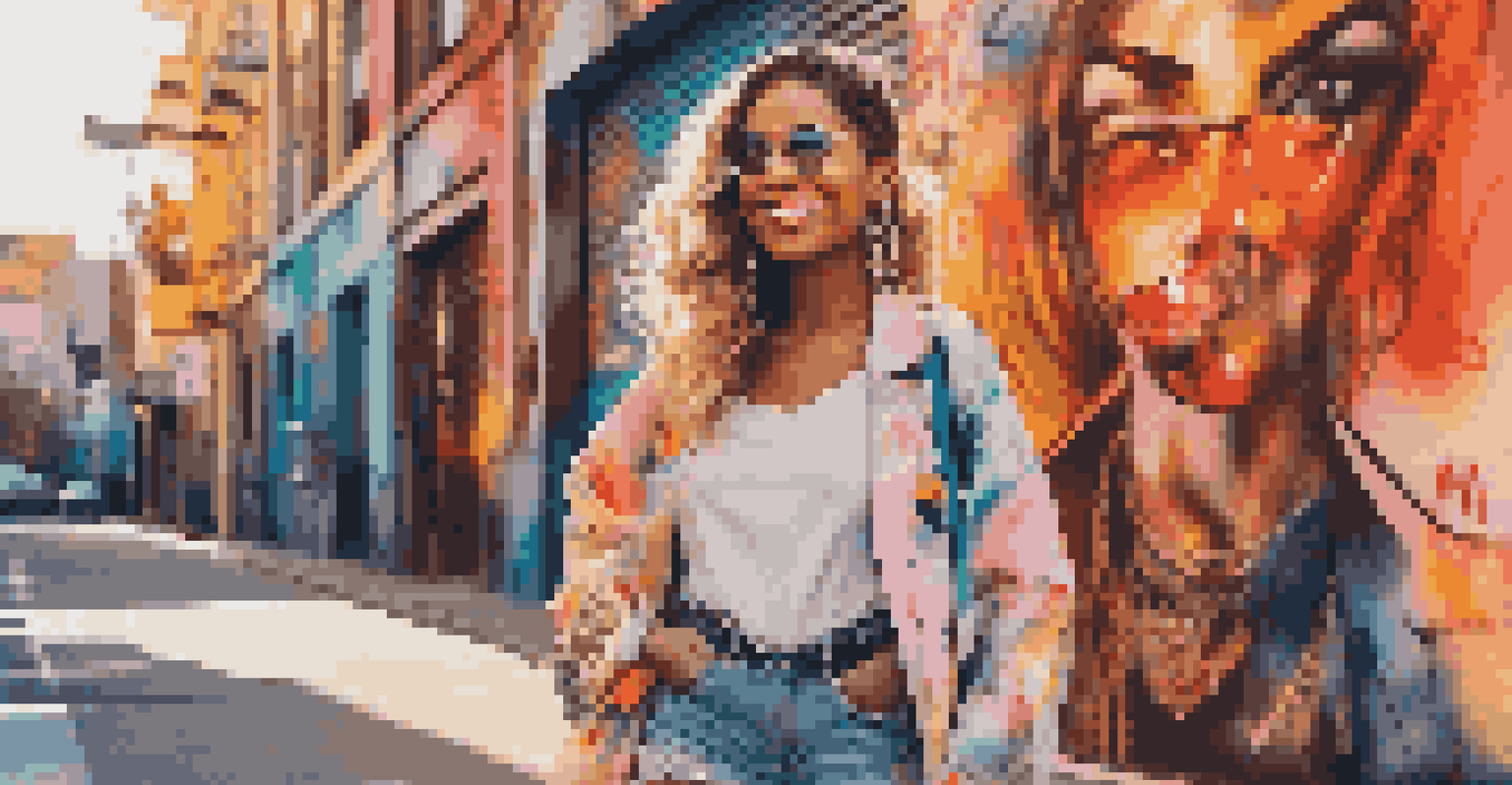 A fashion influencer posing outdoors in a designer outfit with colorful street art in the background.