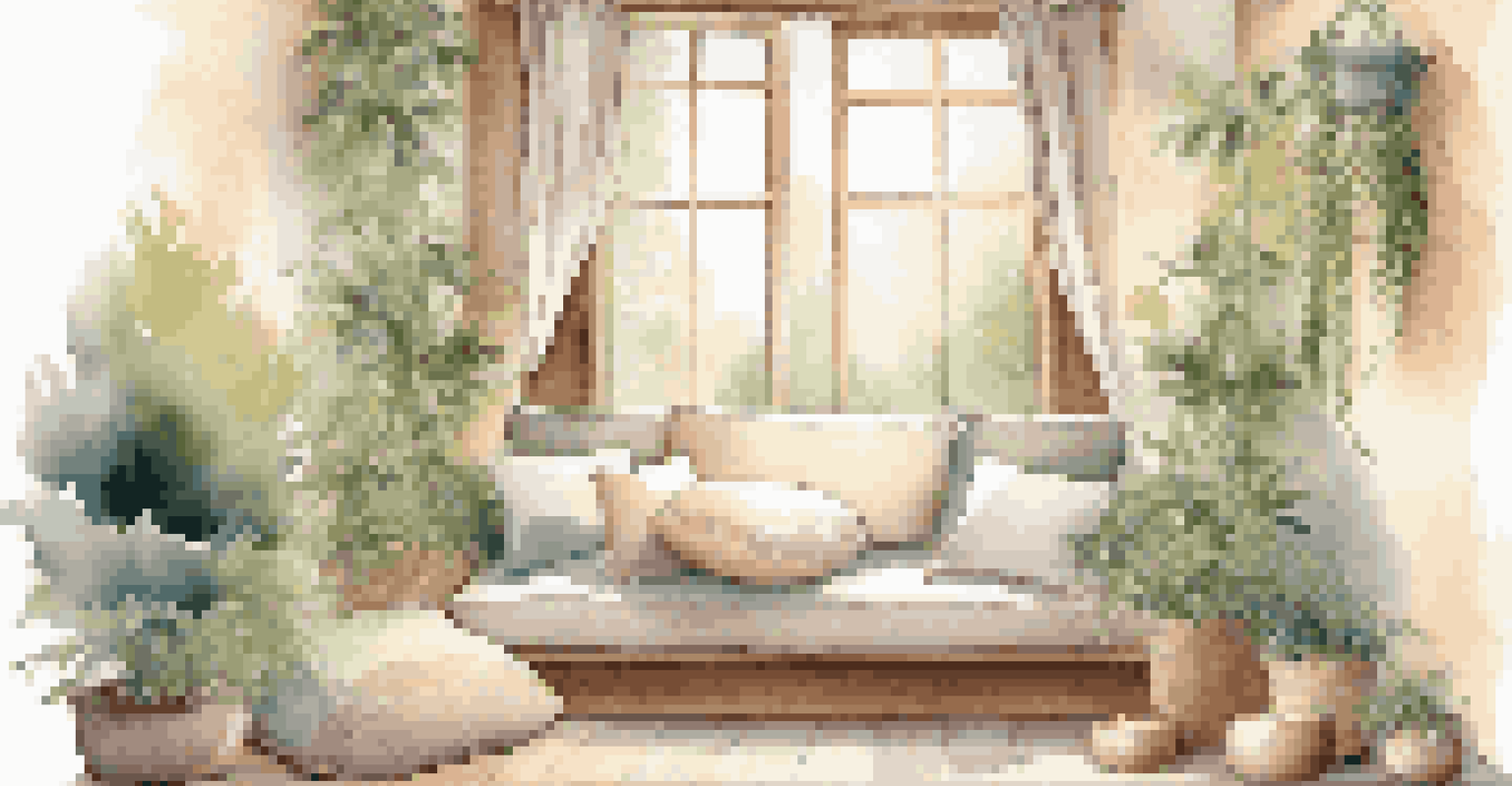 A cozy meditation nook with soft cushions, warm lighting, and greenery, designed for relaxation and mindfulness.