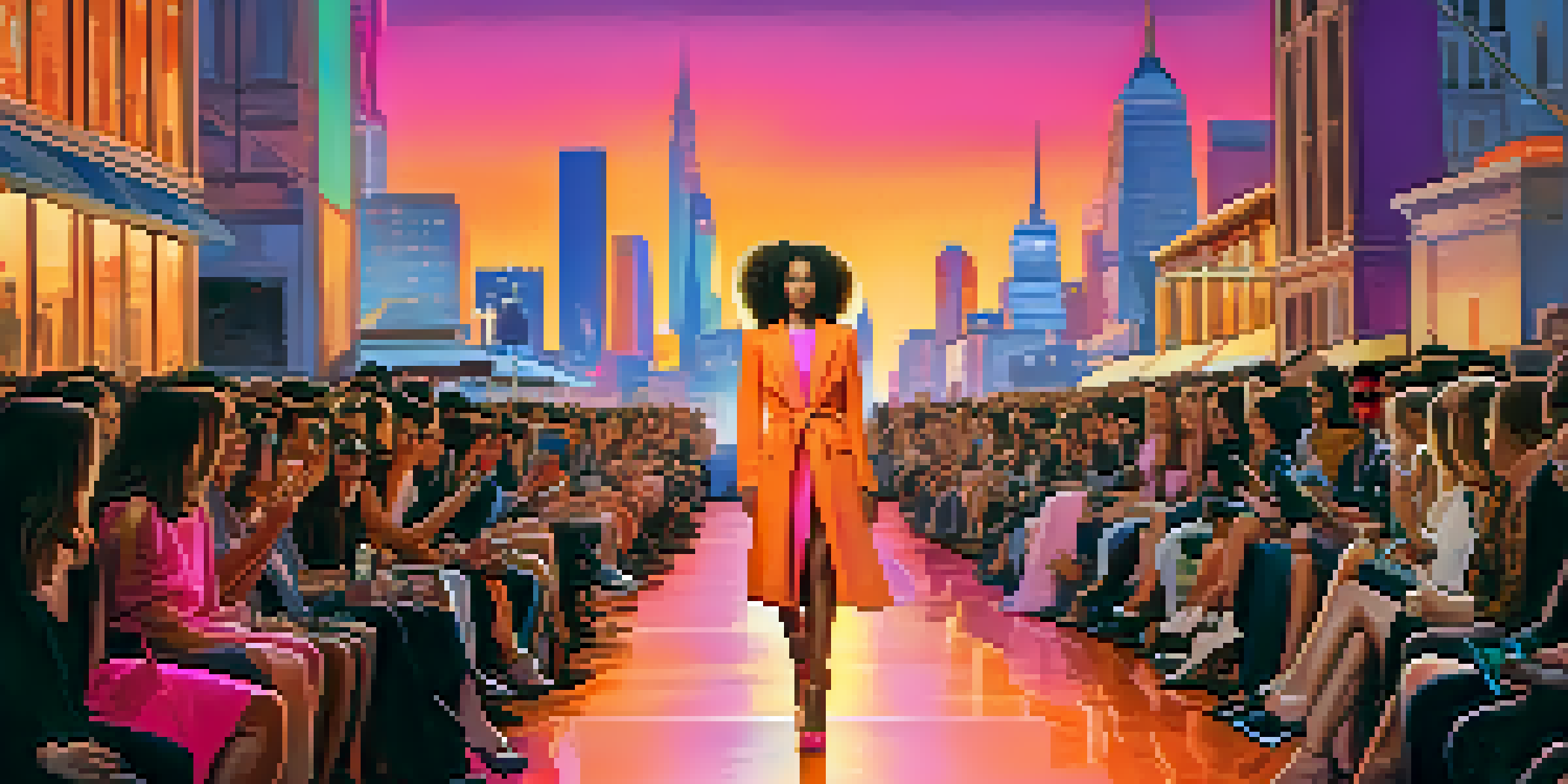 A lively urban fashion show with models in avant-garde outfits and a sunset skyline backdrop.