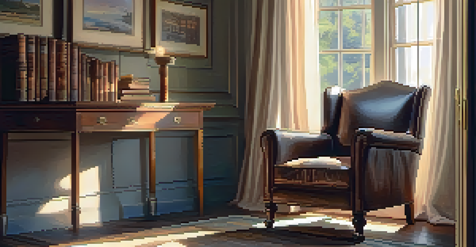 A vintage leather armchair by a window with sunlight filtering through sheer curtains, featuring a side table with a vintage book and teacup.