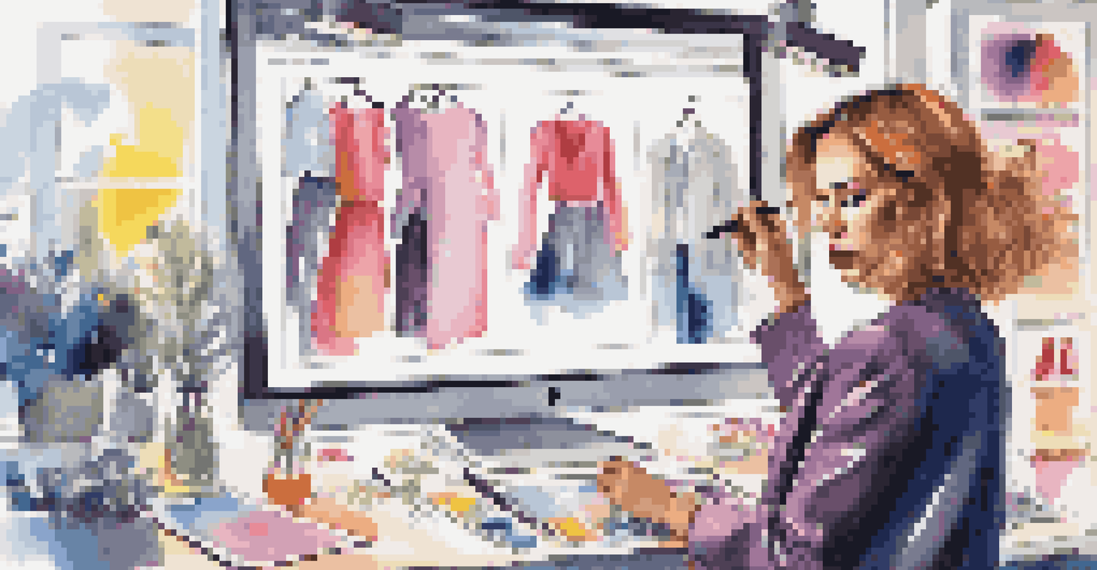 A fashion editor using a digital tablet in a modern studio, with colorful lights and fashion visuals in the background.
