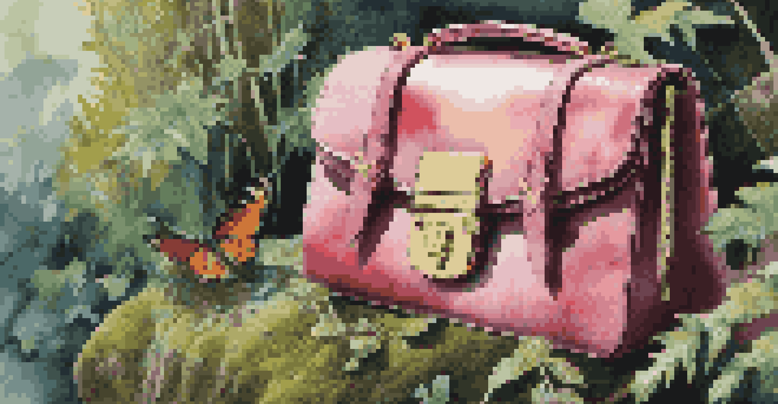 A biodiverse landscape with a luxury handbag made from sustainable materials on a mossy rock.