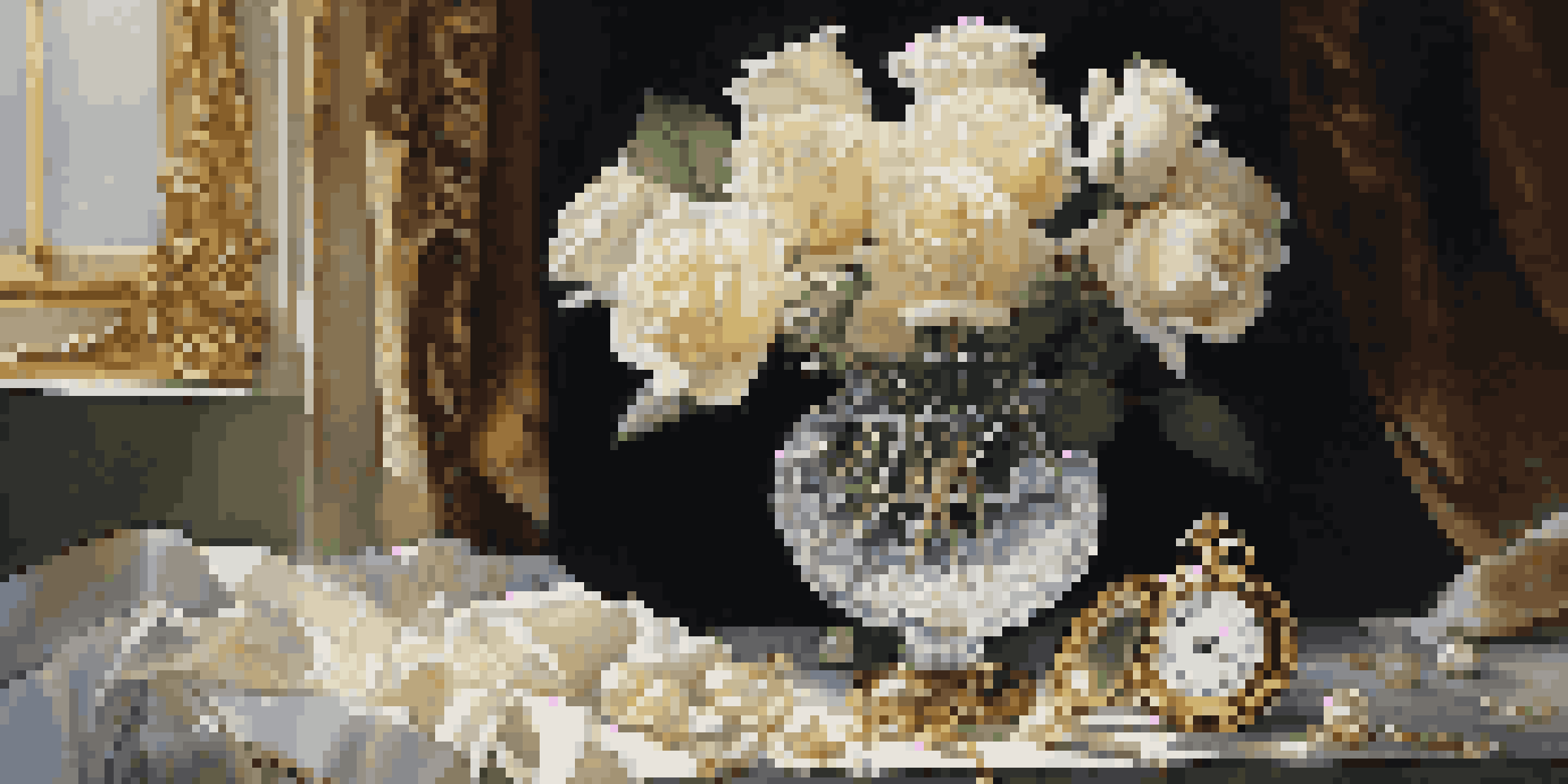 A still life image with a crystal vase of white roses and a vintage gold pocket watch on a velvet background, illuminated by soft natural light.