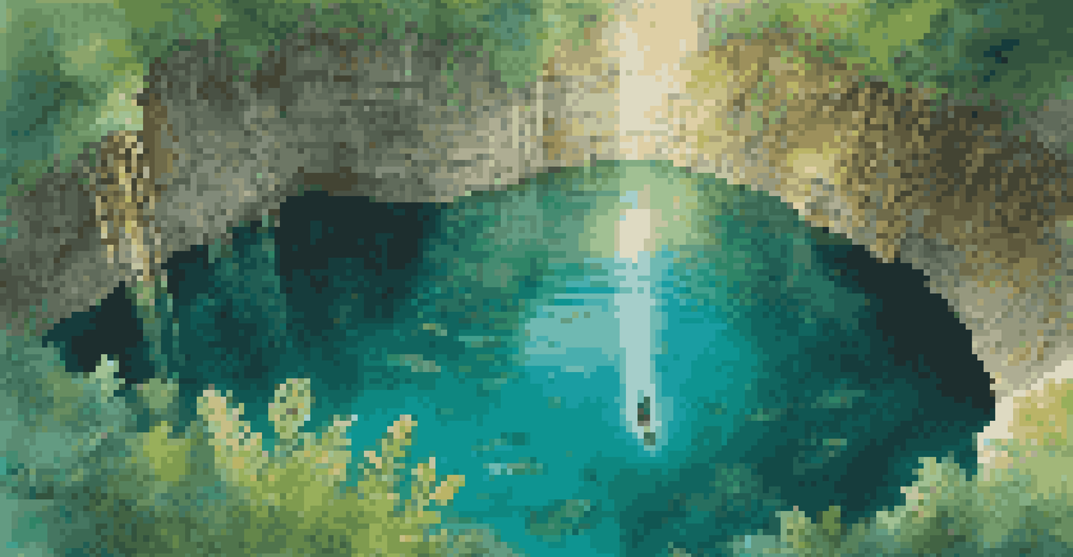 Aerial view of a cenote with clear water and lush greenery, featuring a diver exploring the underwater formations.