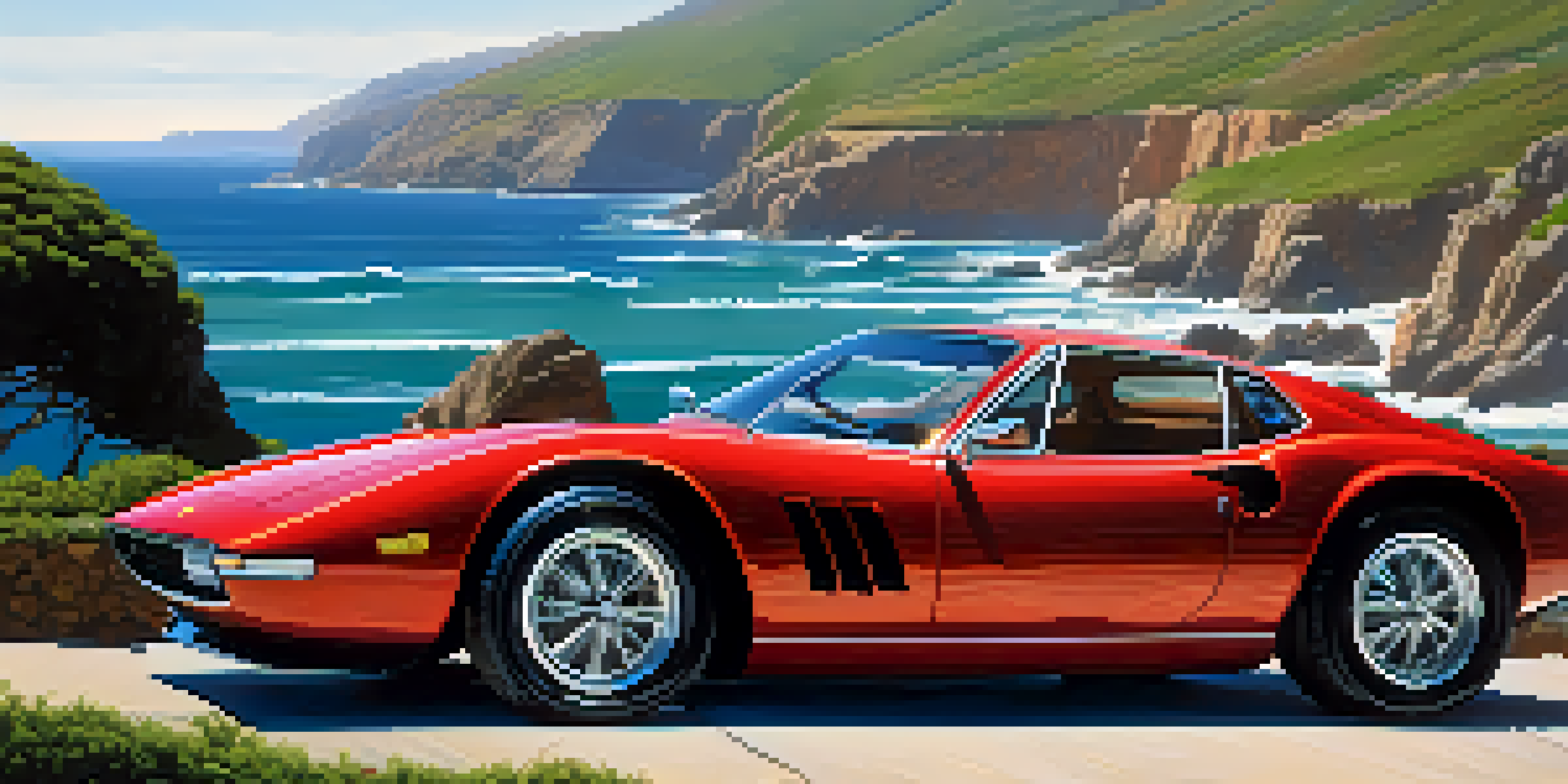 A red Ferrari parked on a coastal road with the ocean and cliffs in the background, under a clear blue sky.