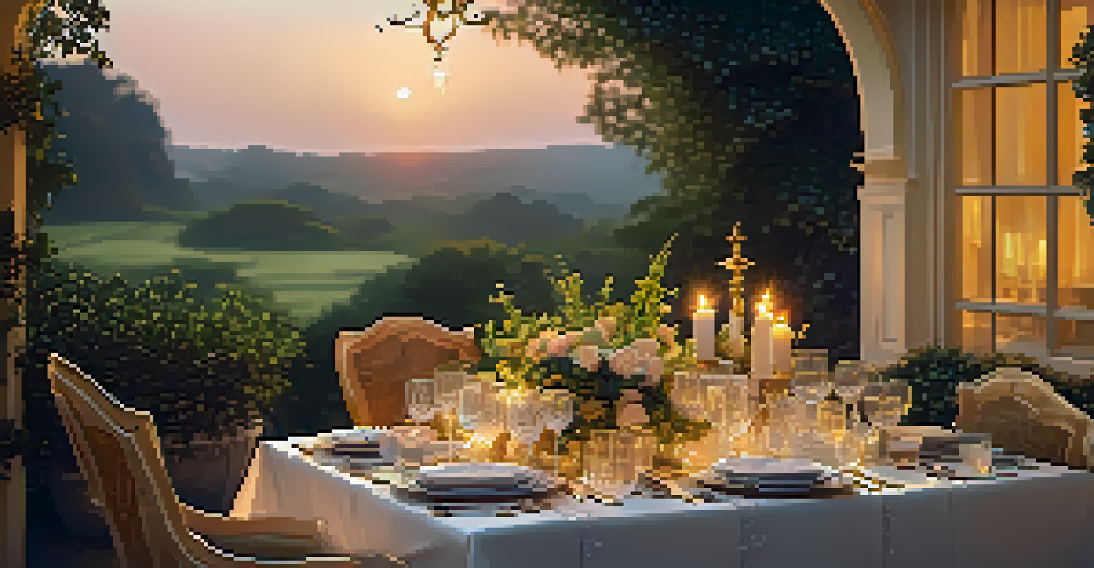 An outdoor dining table elegantly set with fine china and crystal glasses, surrounded by greenery and fairy lights.