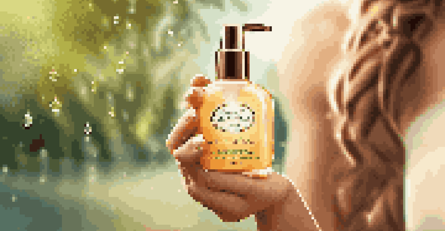 A close-up of a hand holding a luxury tanning mist spray bottle, with droplets glistening in sunlight against a green outdoor background.
